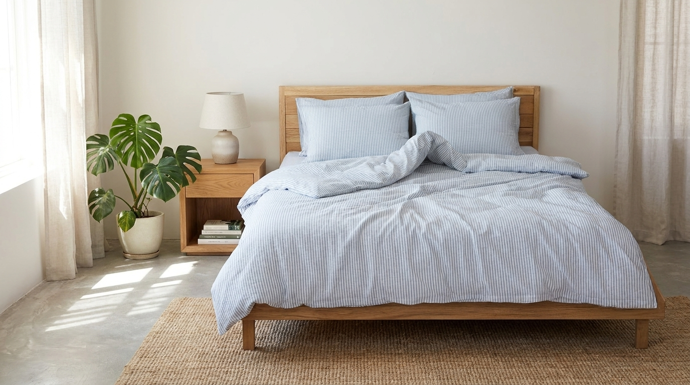 Recycled cotton bed sheet set in indigo stripe on a made bed