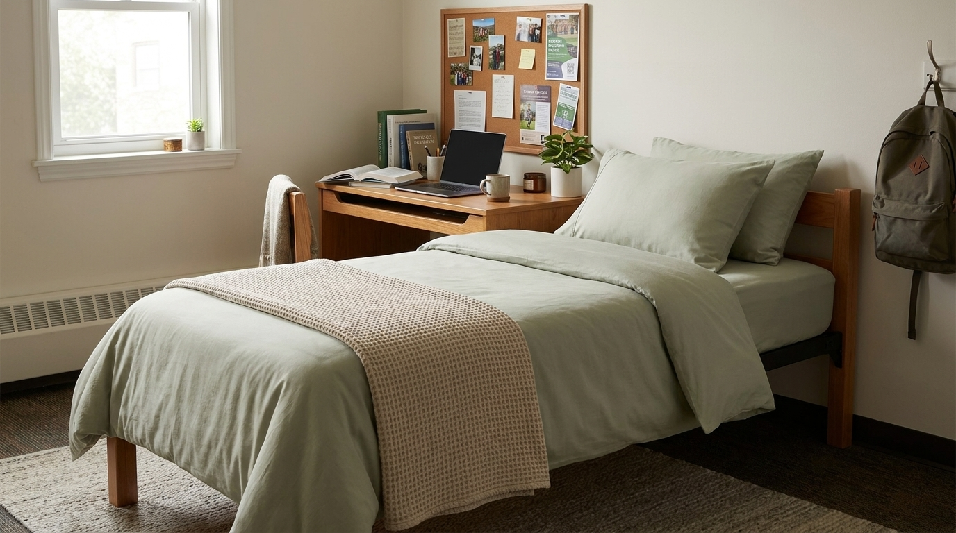 Twin bed in a university residence room made with sage cotton bedding